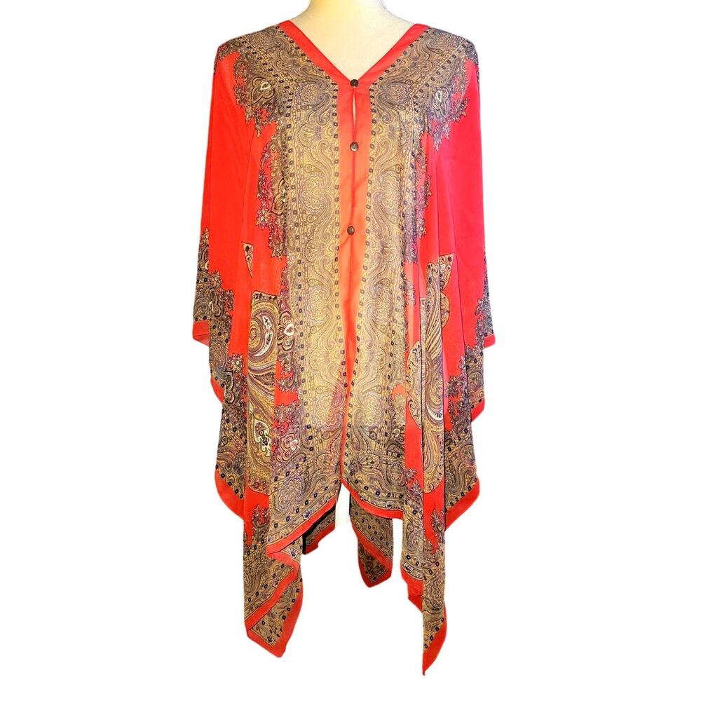 Zoe Madison Kimono Wrap Pullover Red Paisley Button Sheer Boho Cover Up